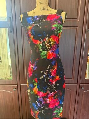 Milly Black Midi Sheath Dress with Vibrant Floral Print